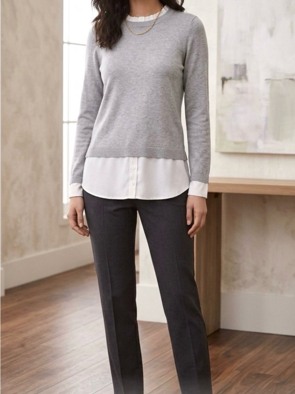 Adrianna Papell Gray Layered Pullover with White Faux Shirt Hem